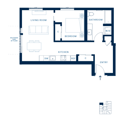Floor plan for 1 bed, 1 bath, 637 sqft
